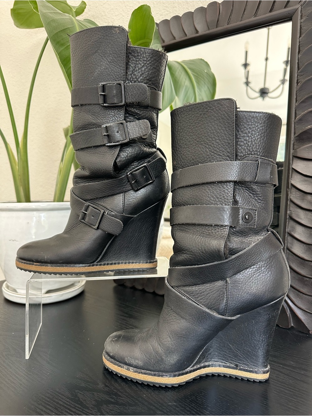 Sam Edelman Black Leather Wedge Heel Buckle Wrap Boots - Picture 2 of 6